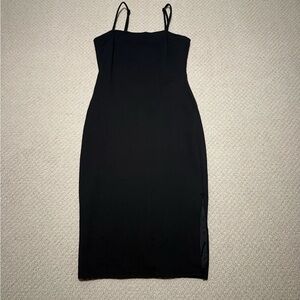 Lulu's Black Sheath Midi Dress Spaghetti Strap Cocktail Gold Zipper Back
